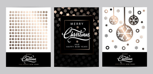 Obraz na płótnie Canvas Set of Christmas Background Templates in Rose Gold and Black colors with Stars and Snowflakes. Vector illustration. Flat design. 