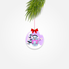 Christmas tree branch with xmas and new year ball decorated with snowman girl and bow