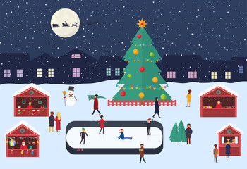 Fototapeta premium Christmas market with souvenir stalls, ice rink on the evening city square. Festive winter shopping, celebrations in the town square on the eve of the New Year.