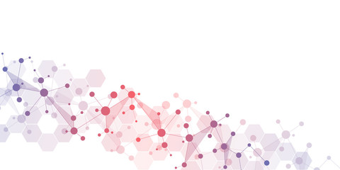 Abstract geometric texture with molecular structures and neural network. Molecules DNA and genetic research. Plexus background. Vector illustration for medical, scientific and technological design.