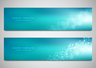 Vector banners and headers for site with molecules background and neural network. Genetic engineering or laboratory research. Abstract geometric texture for medical, science and technology design.