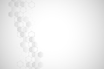 Geometric background texture with molecular structures and chemical engineering. Abstract background of hexagons pattern. Vector illustration for medical or scientific and technological modern design.