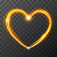 Neon blurry love symbol, golden magic light trail effect at motion. Luminous rays in heart shape on transparent background