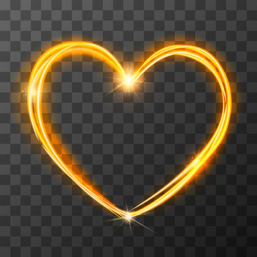 Neon Blurry Love Symbol, Golden Magic Light Trail Effect At Motion. Luminous Rays In Heart Shape On Transparent Background