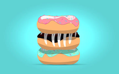 A collection of donuts. Chocolate, strawberry and fruit. Vector illustration.