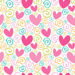 Cute swirls and hearts. Seamless vector pattern.