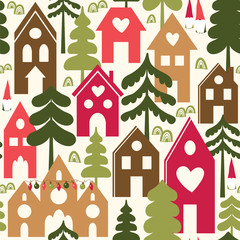 Nordic town. Seamless vector pattern with houses, trees and gnomes.