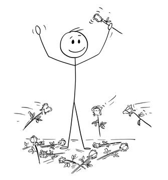 Cartoon Stick Drawing Conceptual Illustration Of Man On Stage To Who Was Given Standing Ovation And Flowers Are Thrown From Audience. Metaphor Of Success.