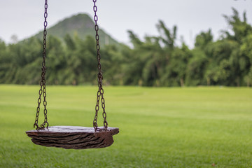 A swing made of wood with greenery background