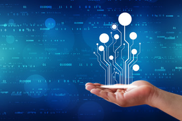 Hand holding circuit tree. Electronics, connectivity, Technology background