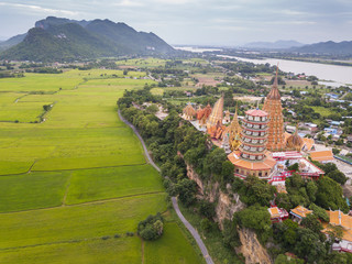 Aerial shot of Wat Tham sue or tiger cave temple in Kanchanaburi, Thailand