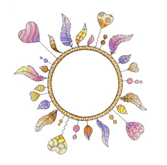 illustration with an abstract frame with hearts and feathers hand drawn