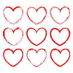 Set of vector heart-shaped frames drawn in red ink on a white background
