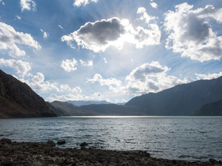 Sunset in lake of Yeso. Maipo Canyon. Santiago of Chile province, Chile.
