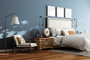 Cozy modern bedroom with lounge chair and floor lamp. 3d render
