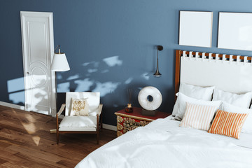 Cozy blue modern bedroom with lounge chair and floor lamp. 3d render close up