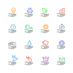 Hand and object concept vector icons set in line style