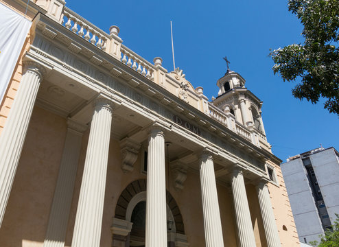 The facade of the Church of San Agustín, in the historic center of Santiago de Chile. The current construction dates back to 1608, being the second oldest church in Chile after San Francisco.