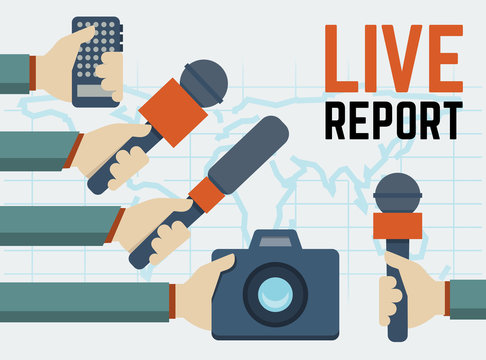 Vector live report, live news concept, hands of journalists with microphones, tape recorder and photo camera