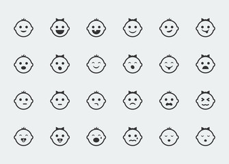Smiley icons, vector set of varied baby faces expressions