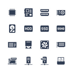 Fototapeta premium Electronics and gadgets icon set: processor, motherboard, RAM, video card, hdd, ssd, sshd, power unit, cd-rom, cooler, server, adapter