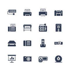 Electronics and gadgets icon set: surge suppressor, printer, shredder, multifunction device, fax, plotter, UPS, scanner, phone, projector, screen, photo camera, video camera, web camera