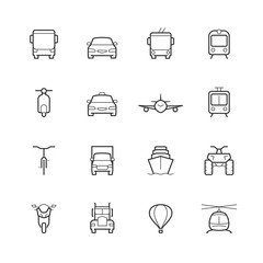 Transportation icons in thin line style, front view
