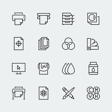 Printing vector icon set in thin line style