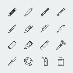 Drawing and writing tools icon set in thin line style