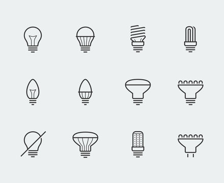 Light bulbs vector icon set in thin line style