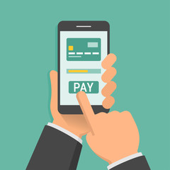 Hand holding phone with app for mobile paying, flat design illustration