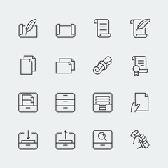 Paper, documents and archive related icon set in thin line style