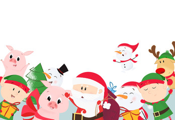Christmas cartoon characters postcard design. Santa Claus, elf, piglet, deer and snowman on white background. Can be used for postcards, invitations, greeting cards