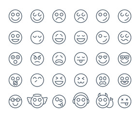 Set of thin line smile emoticons or smileys on a white background. Icon collection