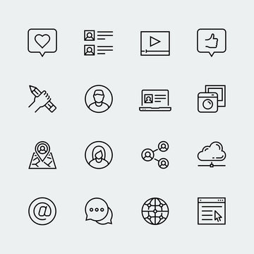 Social media, communication and personal profile vector icon set in thin line style