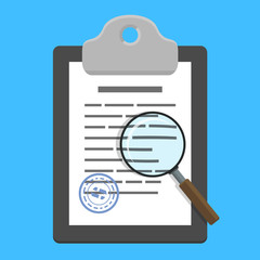 Magnifying glass over clipboard with document (contract) on blue background. Vector illustration in flat style