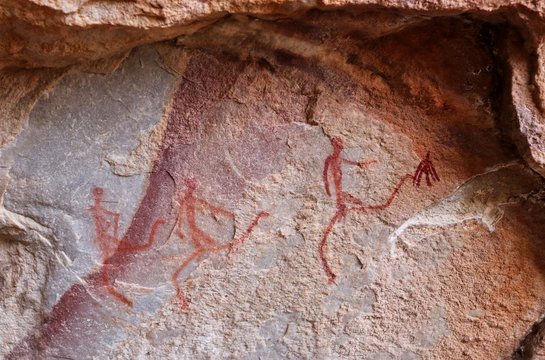 Ancient bushmen cave paintings found in the Cockscomb mountains in Eastern Cape, South Africa. Human history concept image. 