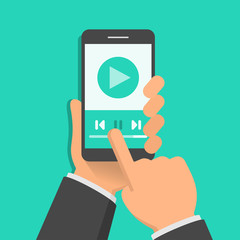 Media player app on smartphone screen. One hand holds smartphone and finger touch screen. Flat design vector illustration