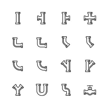 Pipes and pipeline fittings vector icon set in thin line style
