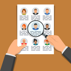 One hand holding document with list of people and another hand holding magnifier over it. Illustration concept of human resources management, finding personnel and headhunting - obrazy, fototapety, plakaty