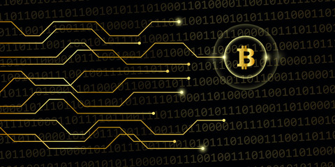 golden bitcoin crypto currency with binary code background vector illustration EPS10