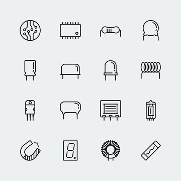 Electronic components vector icon set in thin line style