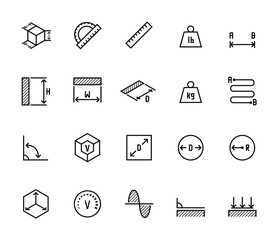 Measuring related vector icon set in thin line style