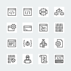 Programming and coding vector icon set in thin line style