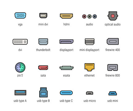 Computer ports vector icon set