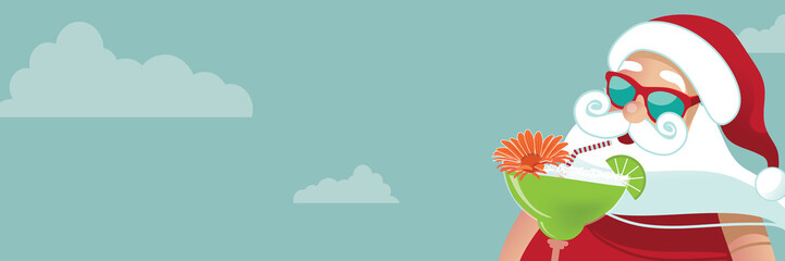 A Cartoon Santa Claus enjoying a margarita in the tropics. For Christmas in July, greeting cards, poster. Eps10 vector illustration.