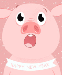 Obraz na płótnie Canvas Happy New Year pink piglet postcard design
