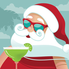 A Cartoon Santa Claus enjoying a margarita in the tropics. For Christmas in July, greeting cards, poster. Eps10 vector illustration.
