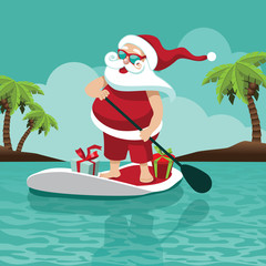 A Cartoon Santa Claus on his stand up paddle board in the tropics. For Christmas in July, greeting cards, poster. Eps10 vector illustration.
