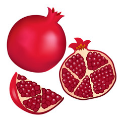 Set of vector illustrations - grenades, half a grenade and a slice of a pomegranate isolated on a white background.